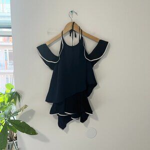 Jonathan Simkhai Blue & Black Cutout Drapey Silk Blouse